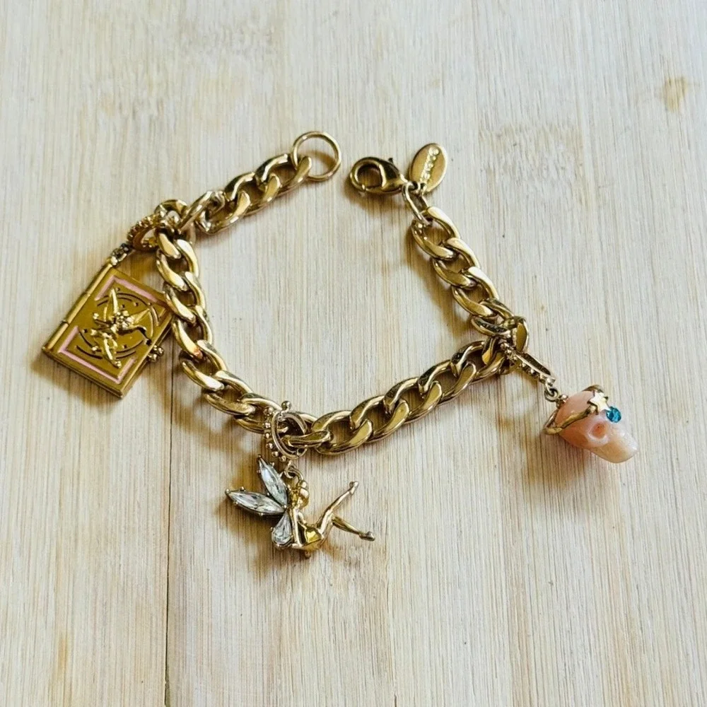 Disney Couture Story Book Tinker Bell Charm Bracelet Gold Plated Chain Crystal